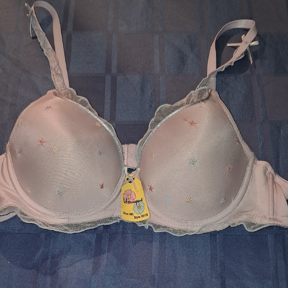 Gray With Stars Padded Push Up Bra with Lace Trim By Unique
